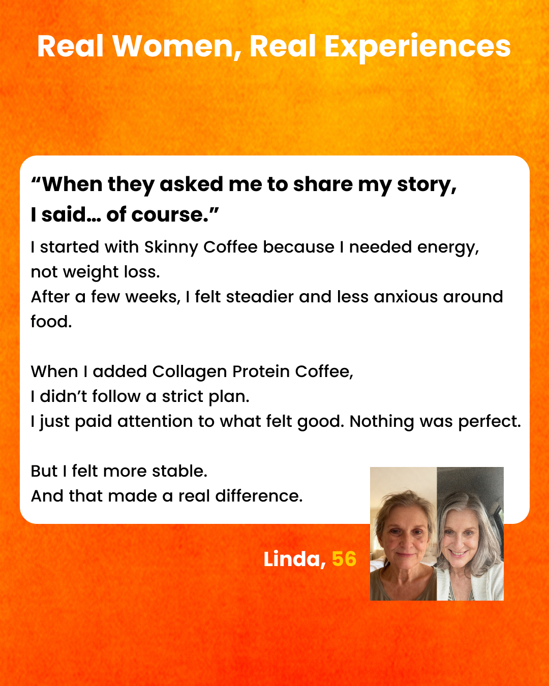A testimonial graphic from a woman named Linda, featuring her quote and two photos of herself.
