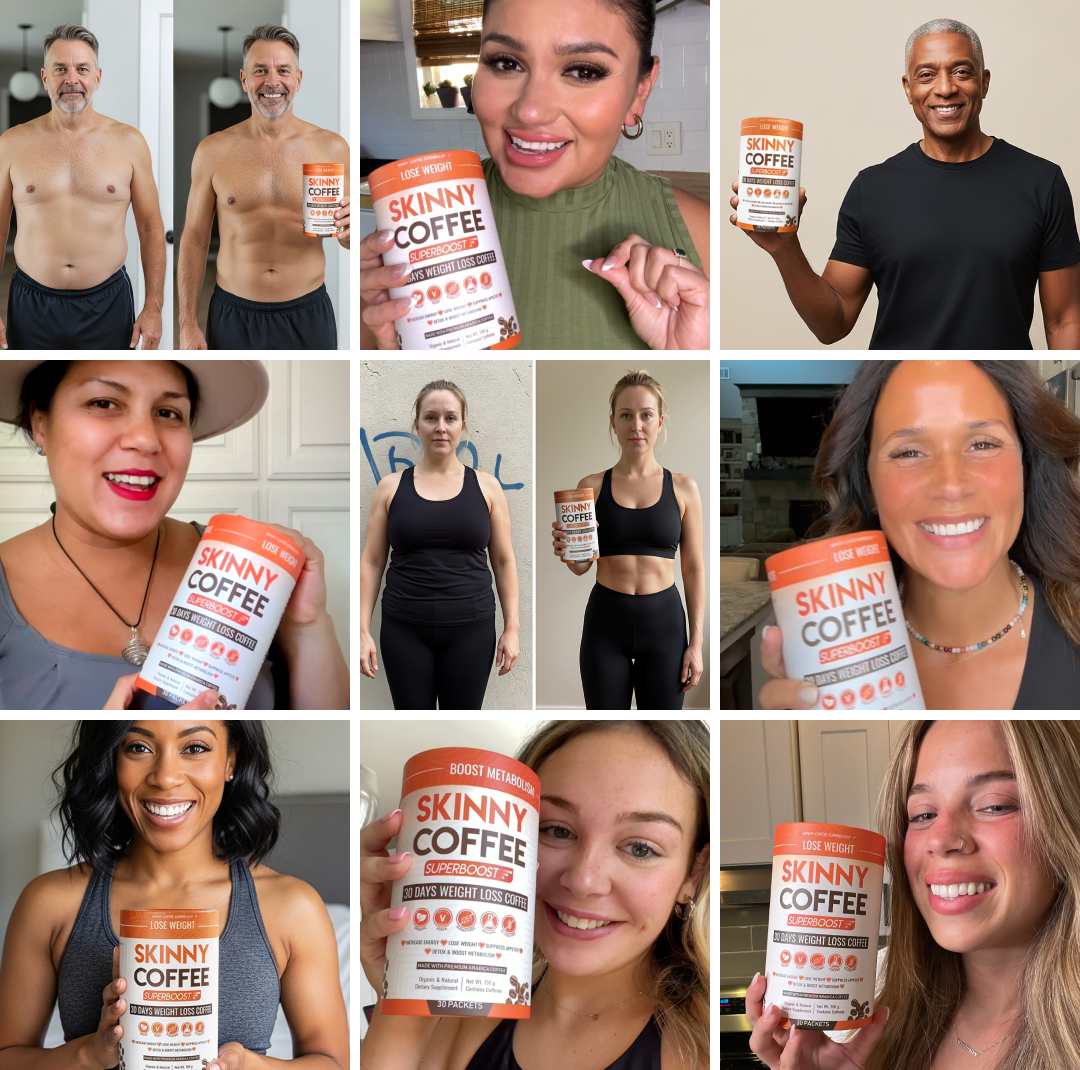 A collage of diverse people holding containers of Skinny Coffee, including some before and after photos.