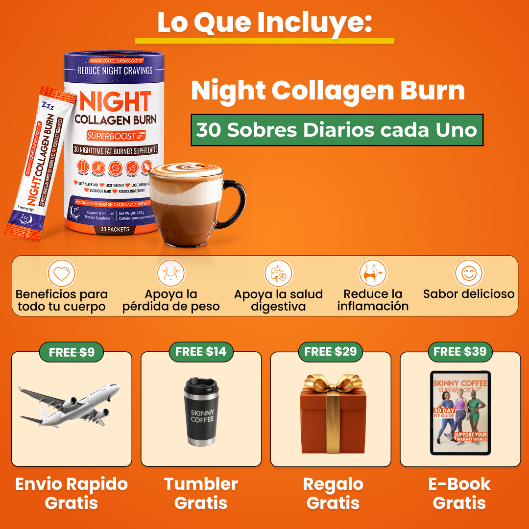 Advertisement for Night Collagen Burn showing the product, a prepared drink, and several free gifts with purchase.