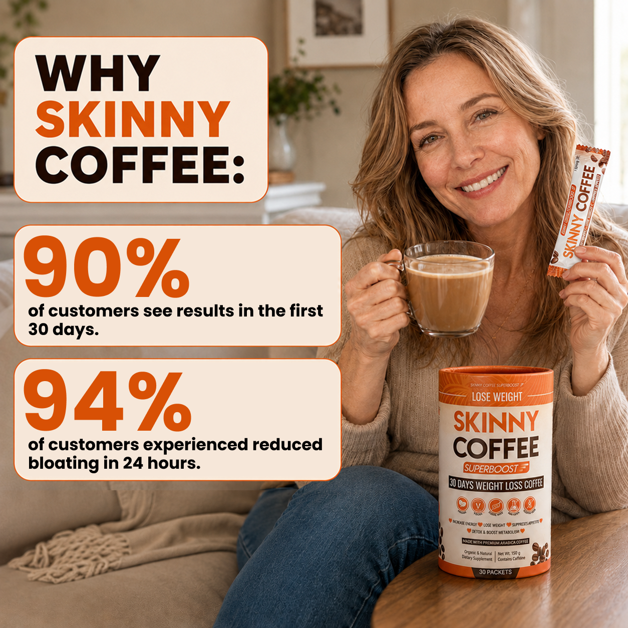 A container of Skinny Coffee, a prepared cup, a single packet, and a free frother gift box.