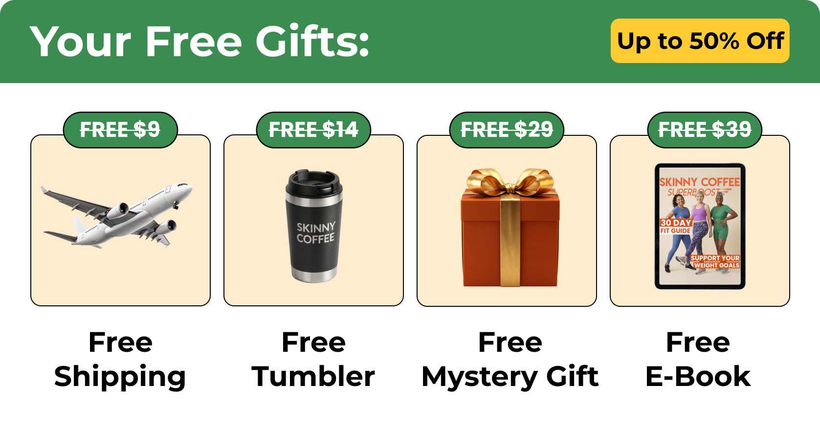 Promotional graphic showing four free gifts: free shipping, a tumbler, a mystery gift, and an e-book.