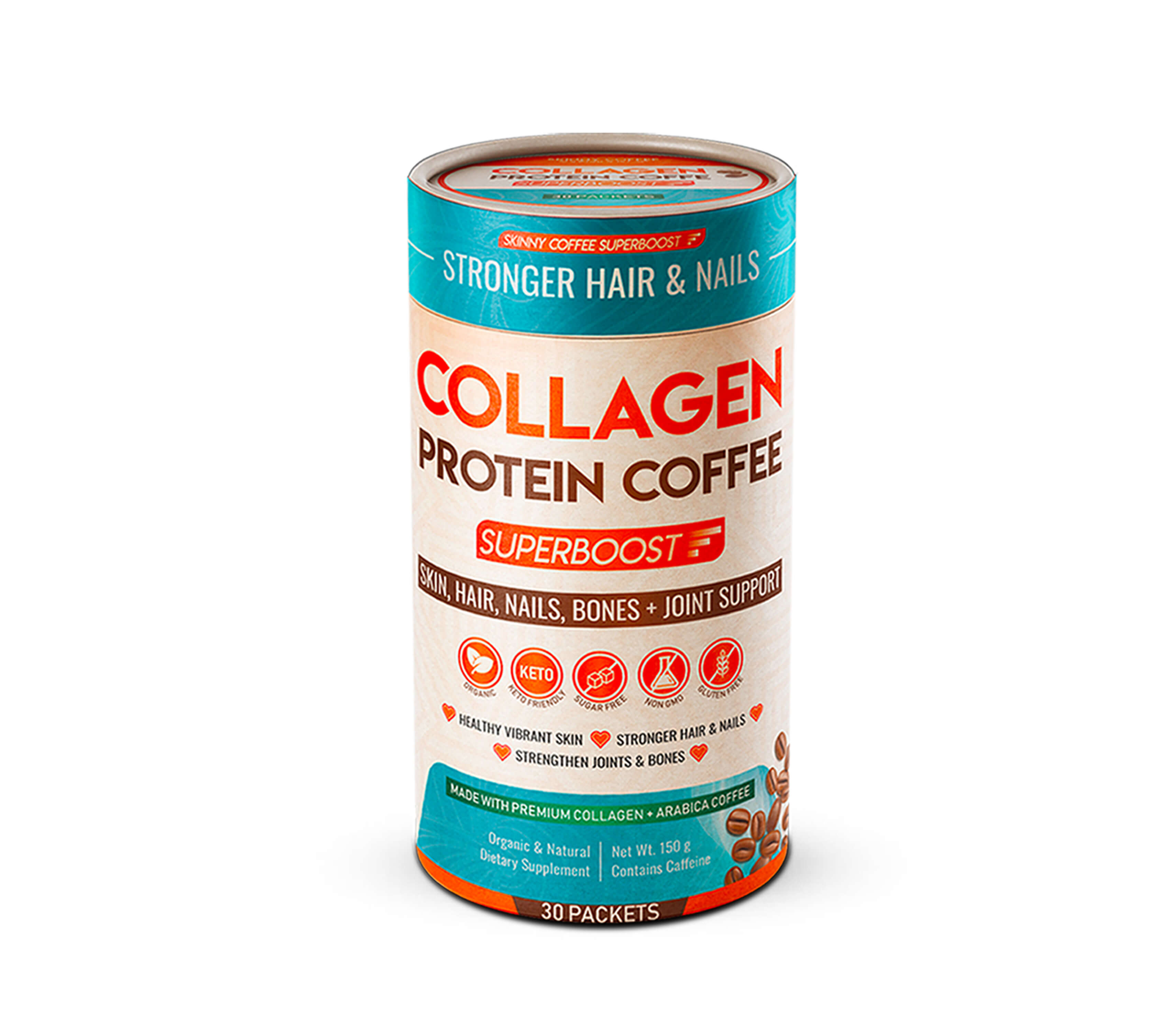 Collagen protein coffee container with health benefits and supplement information on the label.