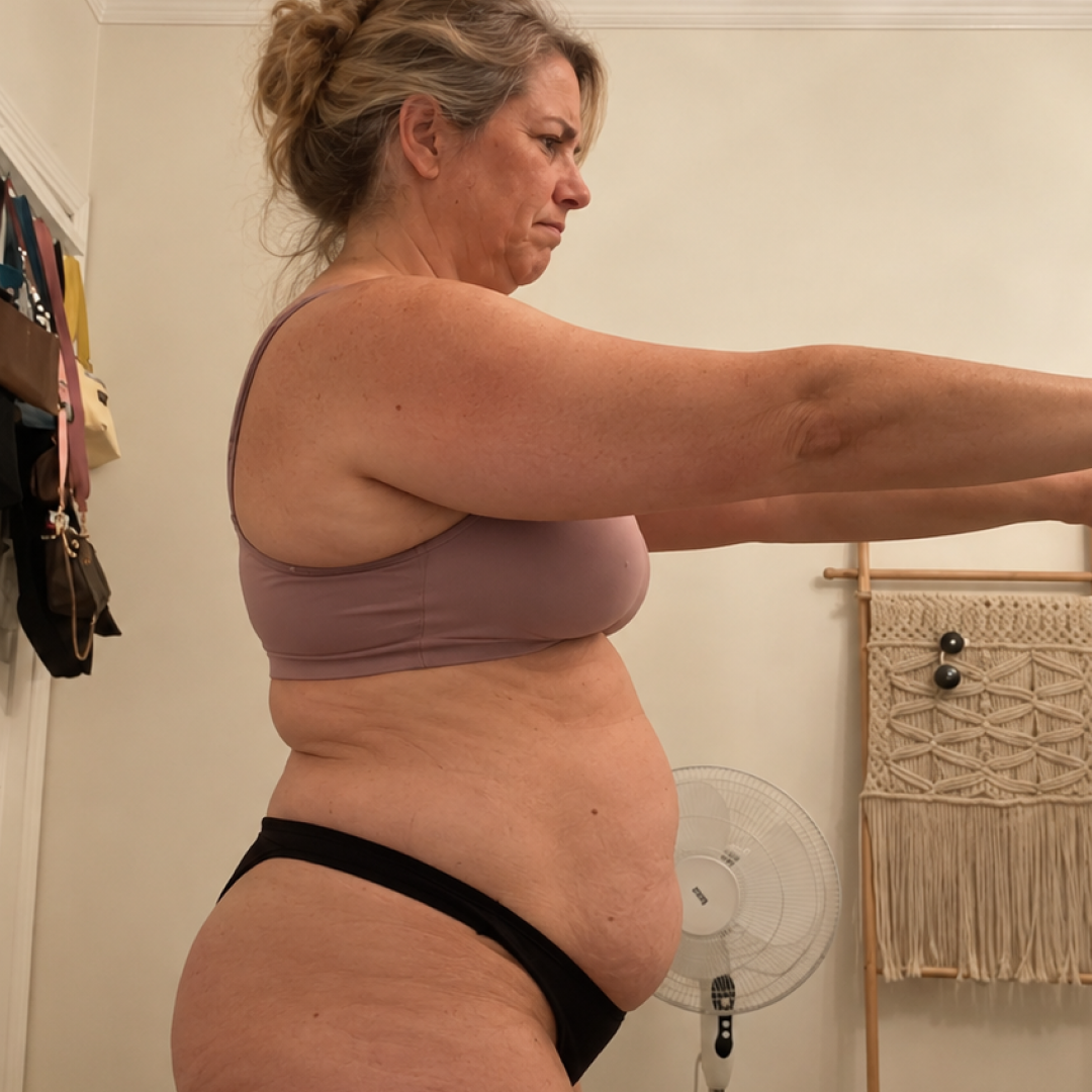 A woman in a sports bra and underwear stands in profile with her arms stretched out.