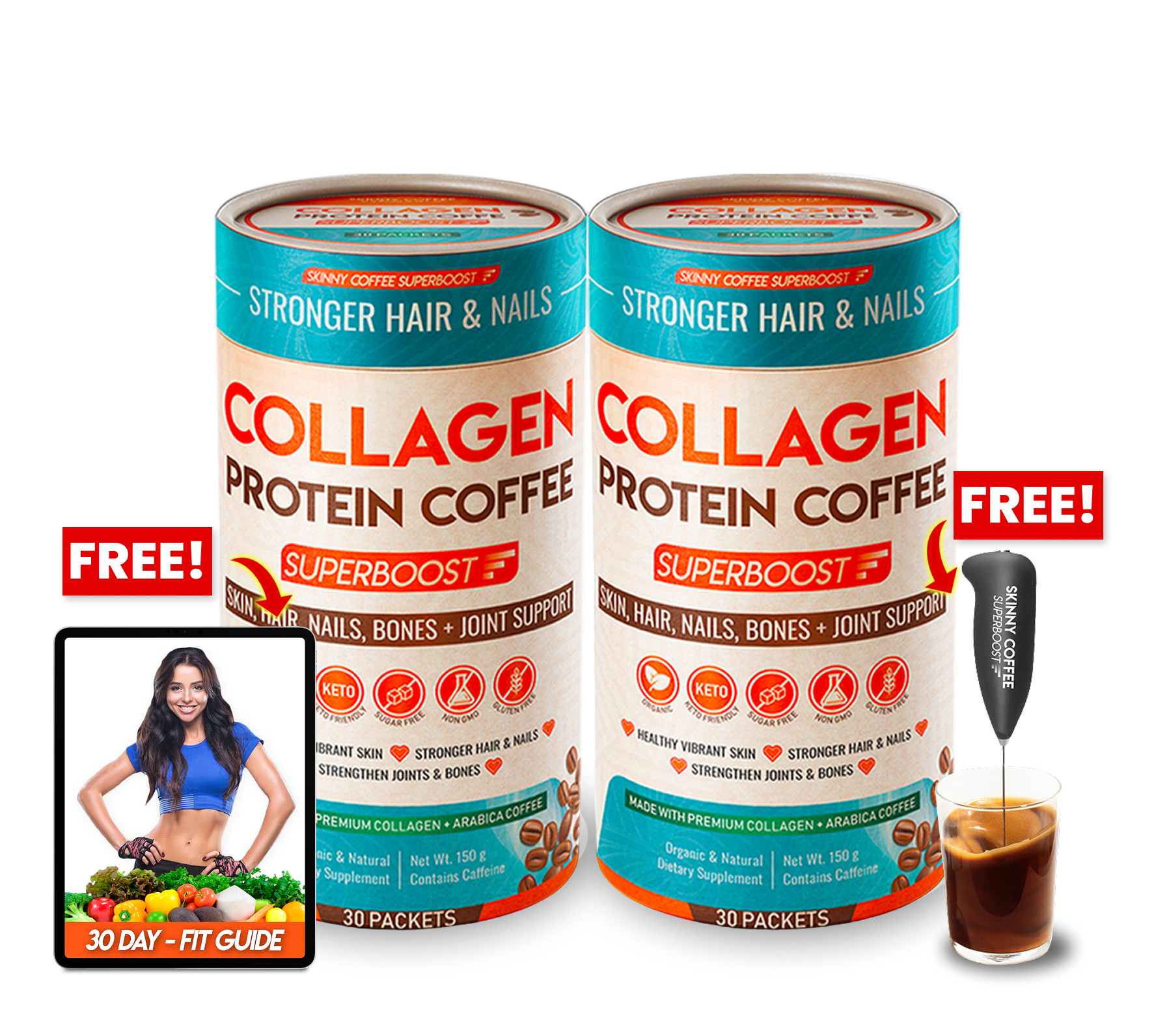 An advertisement for Collagen Protein Coffee, showing two containers, a free fit guide, and a free frother.