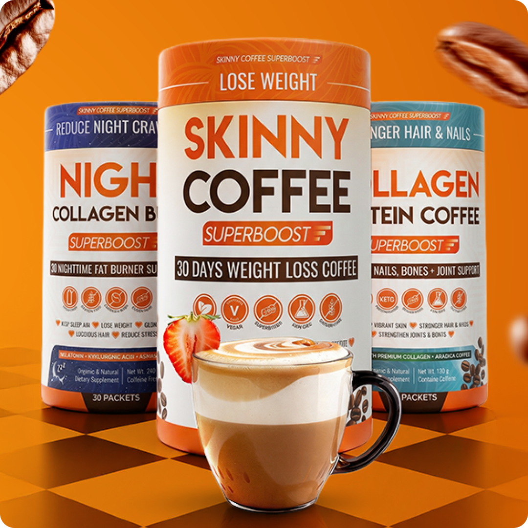 Three containers of Skinny Coffee Superboost products with a prepared cup of layered coffee in the foreground.