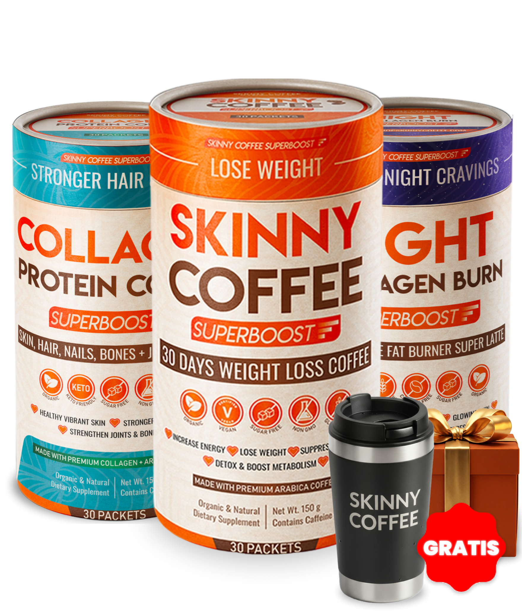 Three containers of Skinny Coffee Superboost supplements with a free travel mug and a gift box.