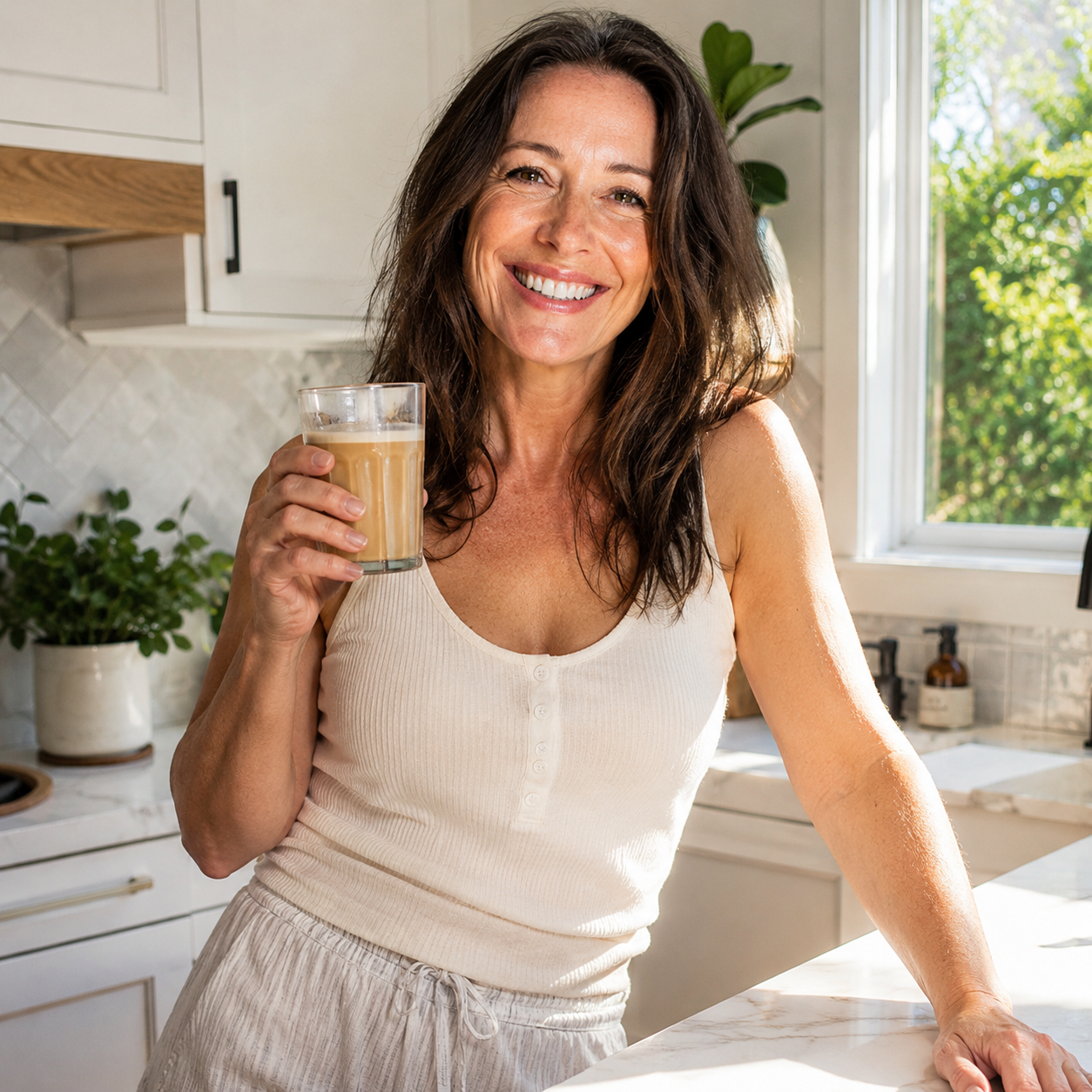 A smiling woman with long brown hair holds a glass with a drink in a kitchen.