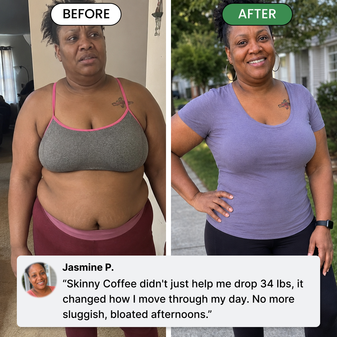 A before and after image showing a woman's weight loss progress, with a customer testimonial.