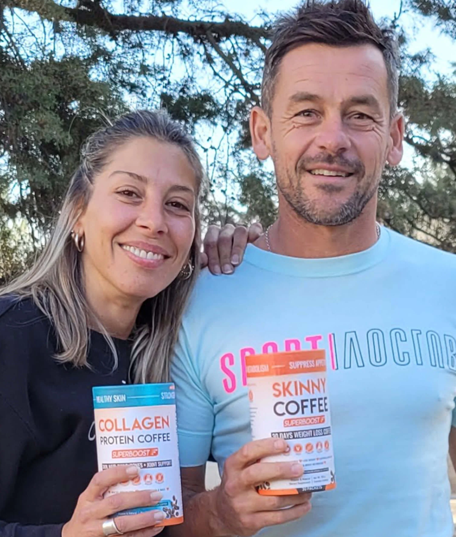 Gray-haired man with good physical condition displaying Skinny Coffee.