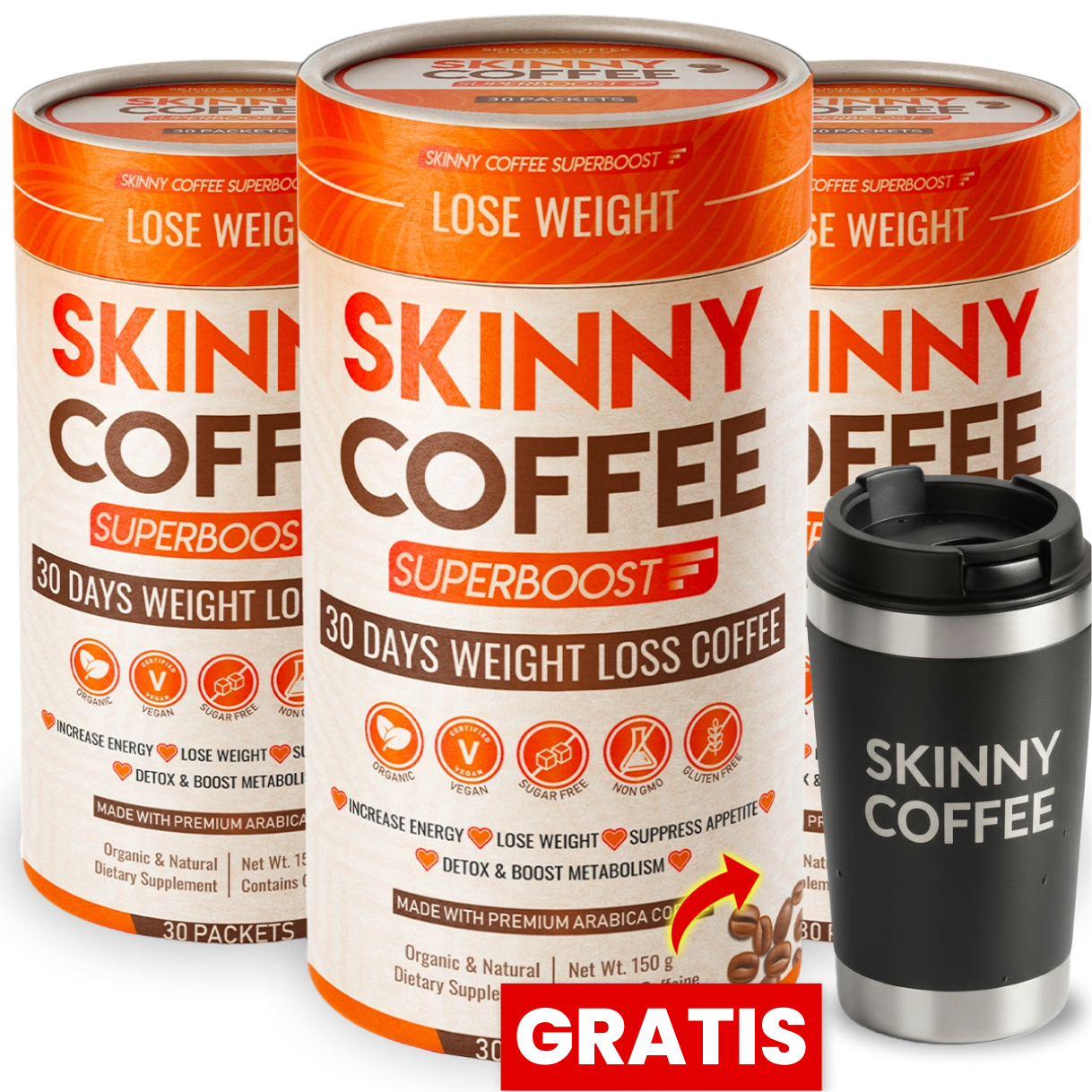 Three containers of Skinny Coffee Superboost weight loss coffee with a free black travel mug.