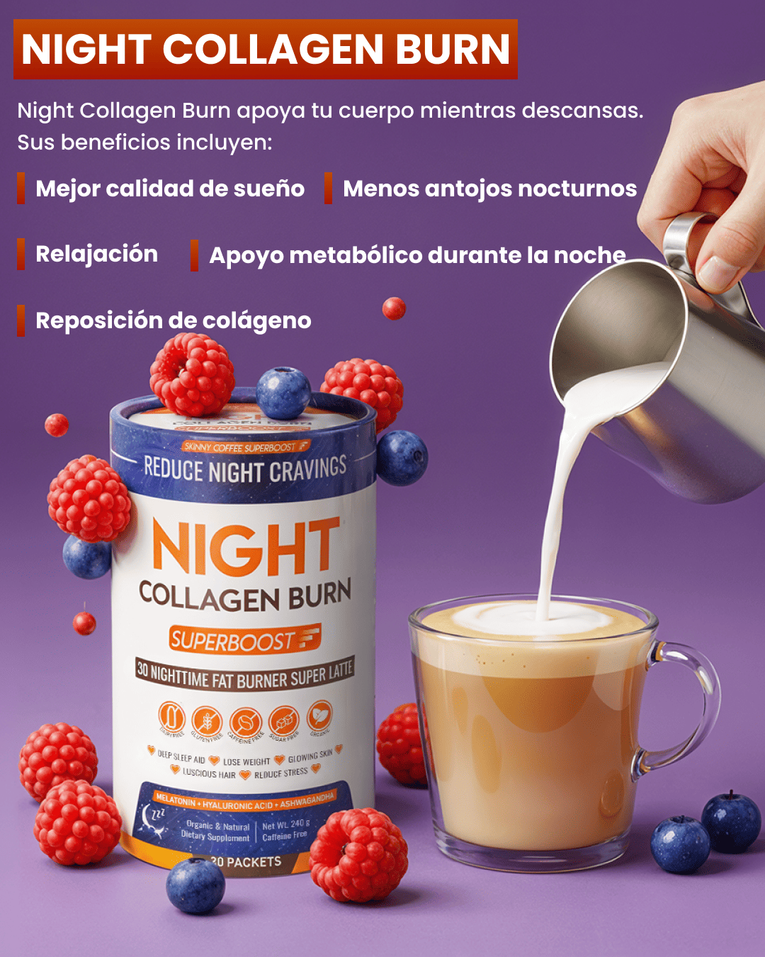 An ad for Night Collagen Burn showing the product container next to a latte being prepared with berries.