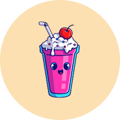 A cartoon of a smiling pink milkshake with whipped cream, sprinkles, a straw, and a cherry on top.