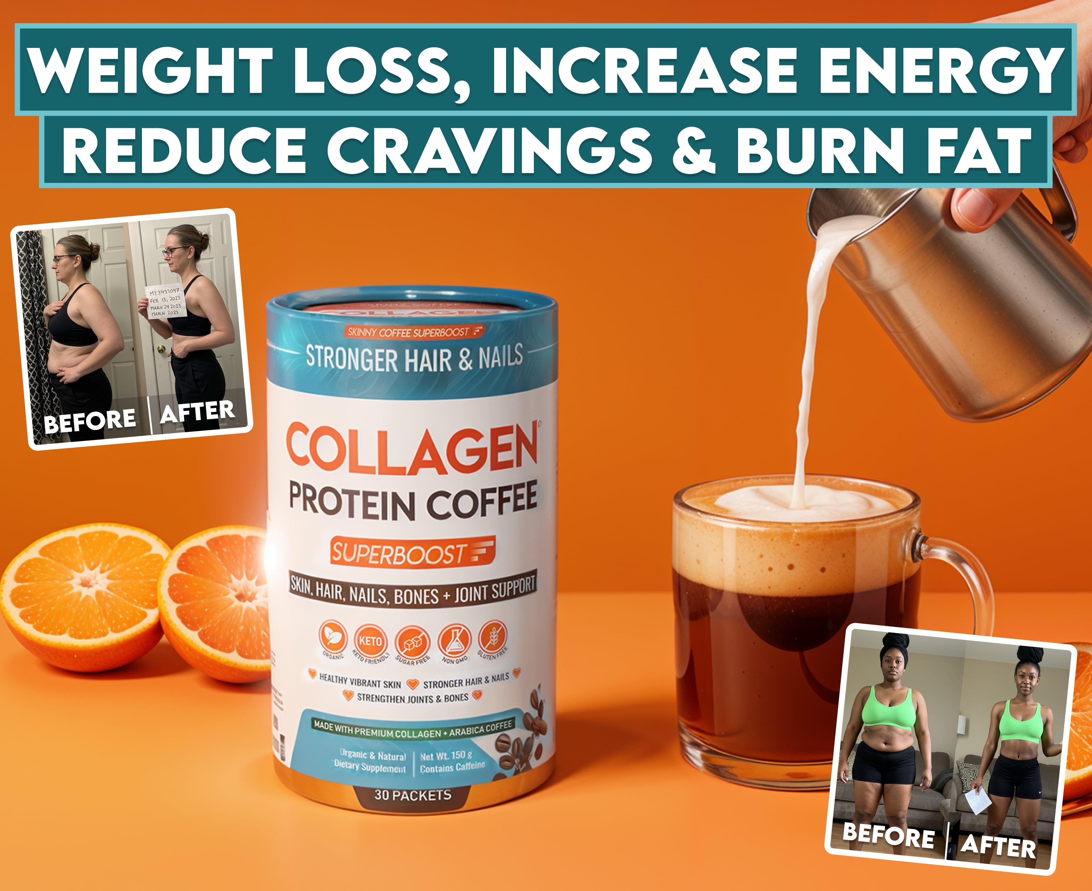 Collagen protein coffee with before-and-after weight loss photos and text promoting benefits.