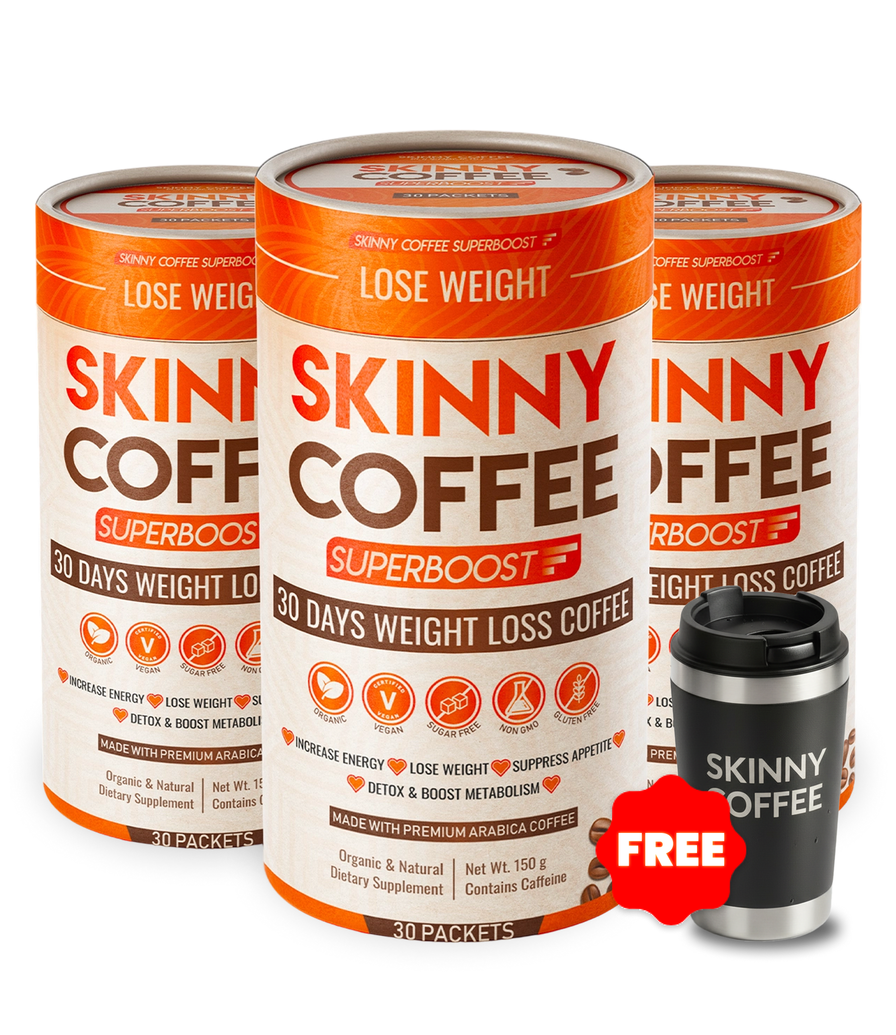 Three canisters of Skinny Coffee Superboost with a free branded travel mug on a white background.