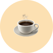 A steaming white cup of coffee on a saucer, set against a light orange circular background.