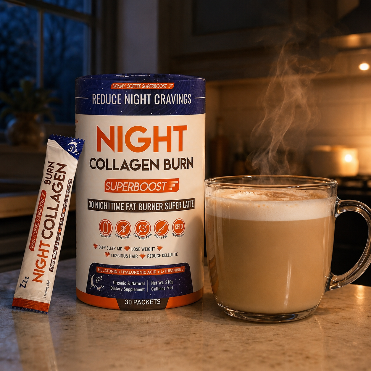 A container and packet of Night Collagen Burn next to a steaming latte in a glass mug.
