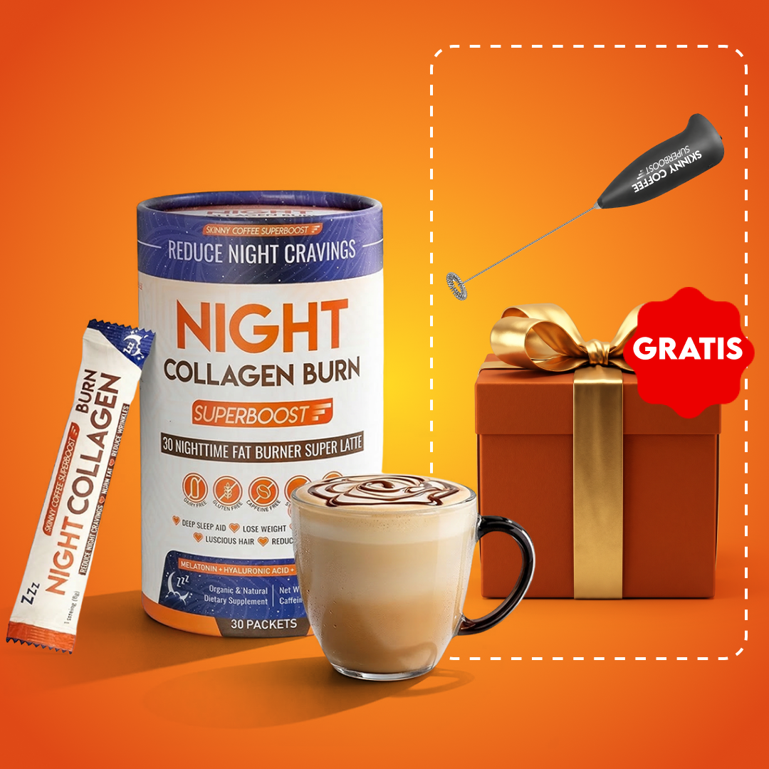 A container of Night Collagen Burn, a latte, a milk frother, and a gift box.