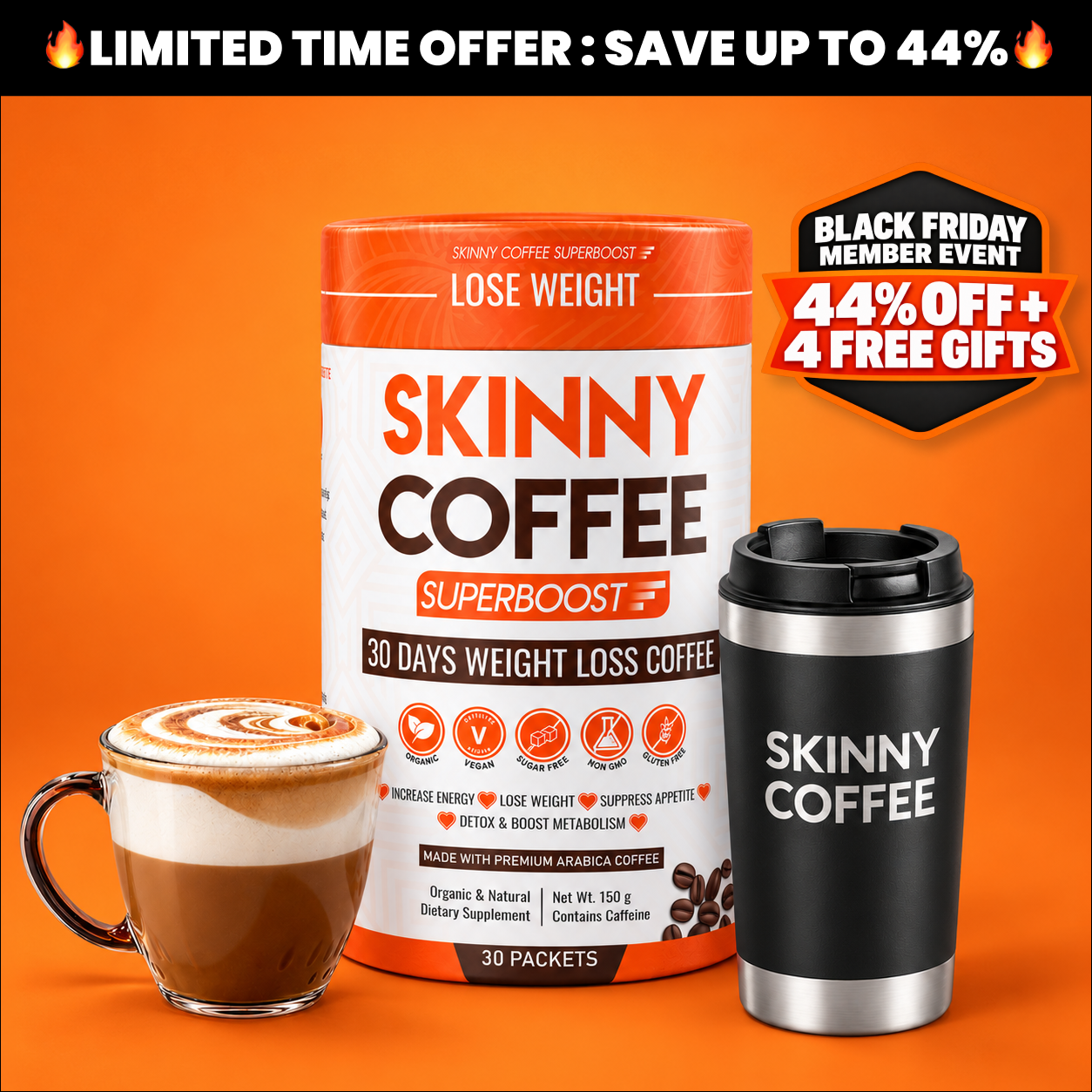A promotional image for Skinny Coffee Superboost showing the product container, a travel mug, and a coffee.
