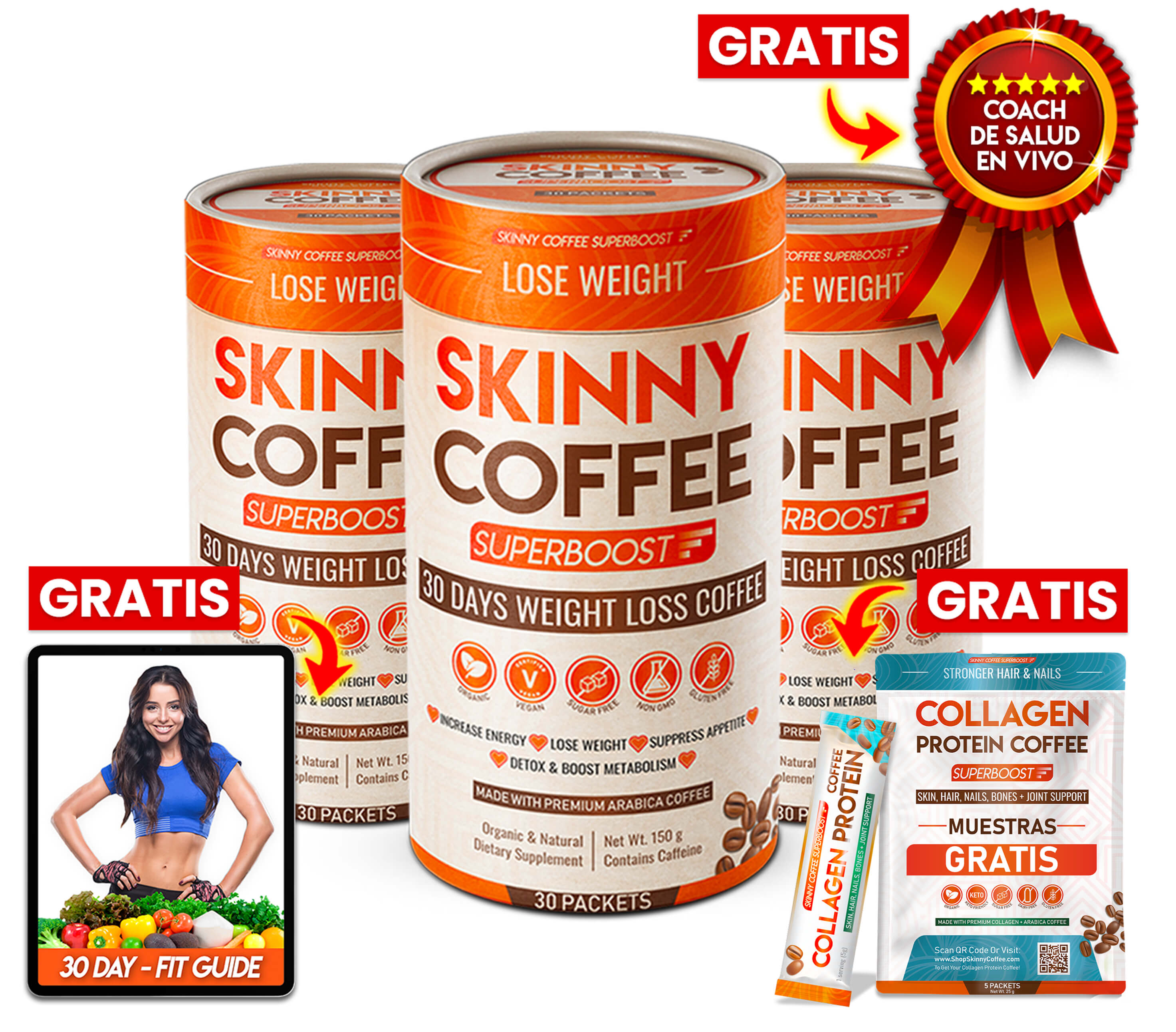 Oferta de 3 Skinny Coffee con Guía Fitness Gratis y Muestras Gratis de Night Collagen Burn