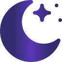 A purple gradient icon of a crescent moon with one large four-pointed star and two smaller circular stars.