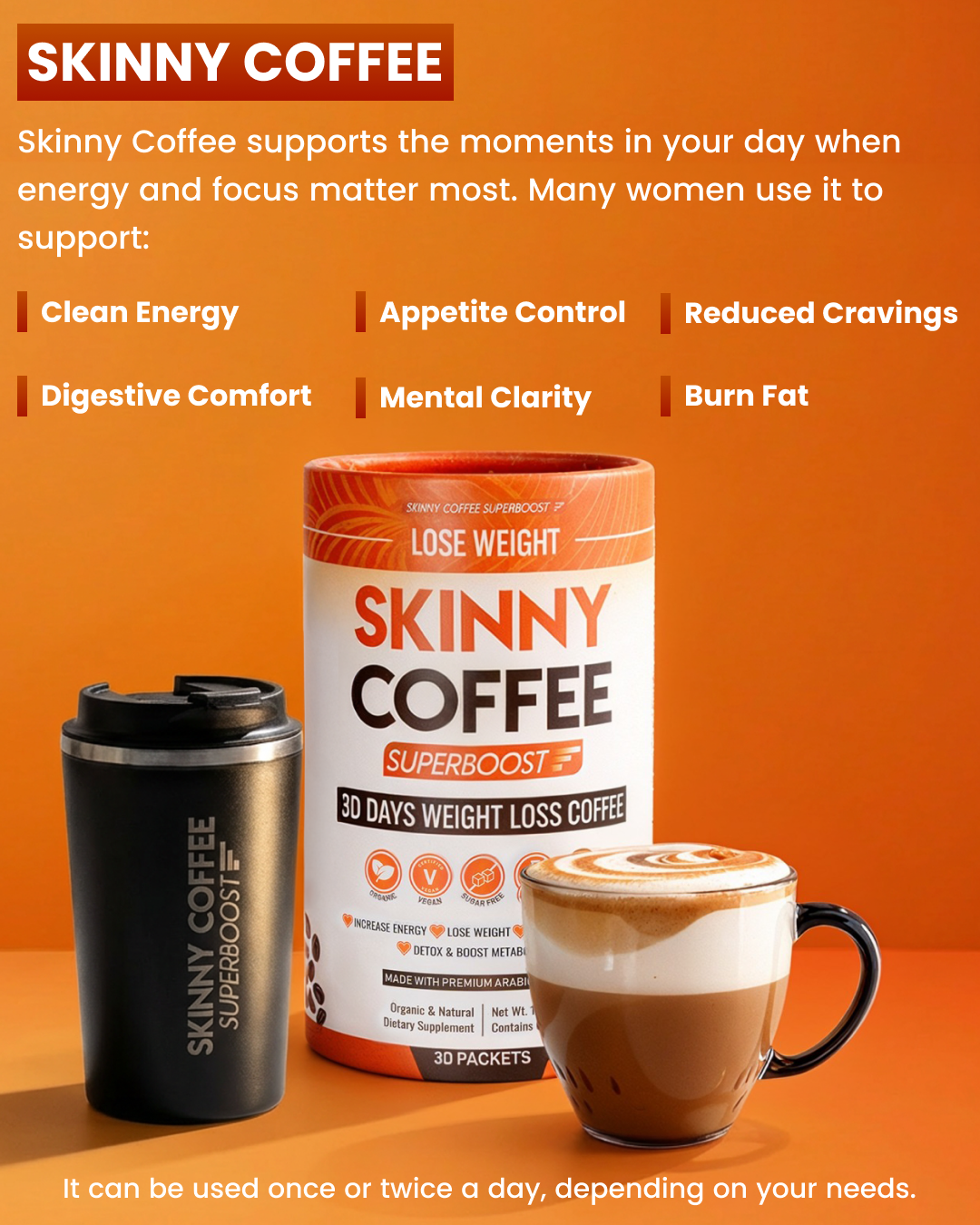 An ad for Skinny Coffee showing the product container, a branded travel mug, and a cup of coffee.