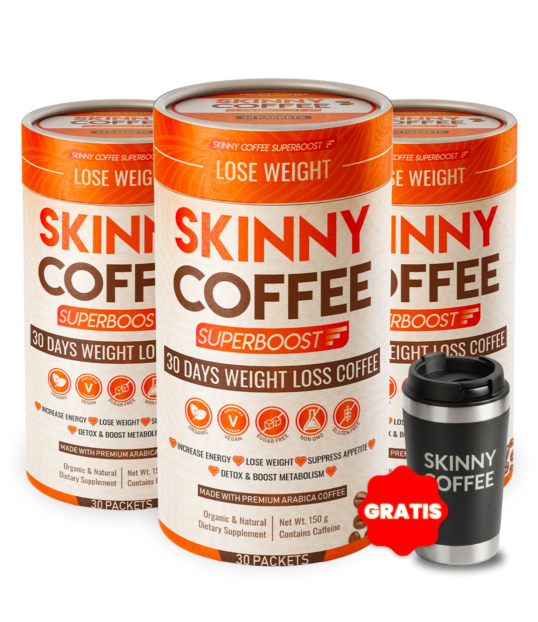Three canisters of Skinny Coffee Superboost with a free branded travel mug on a white background.