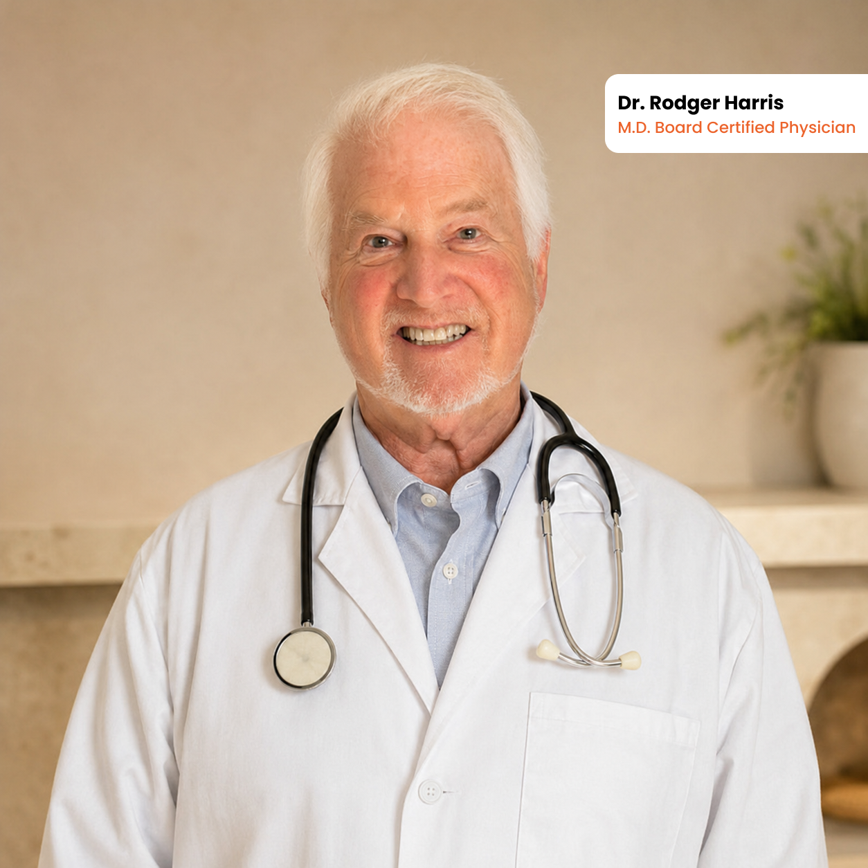 Dr. Rodger Harris, a smiling physician in a white coat with a stethoscope around his neck.