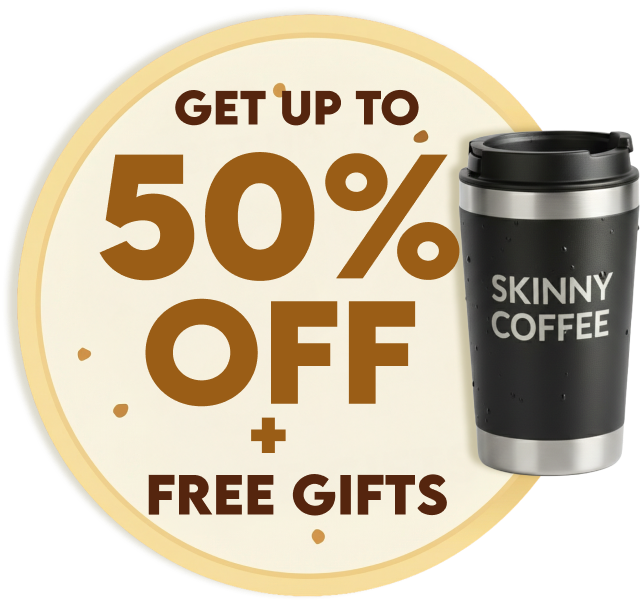 Promotional graphic: Get up to 50% off + free gifts, with an image of a Skinny Coffee tumbler.