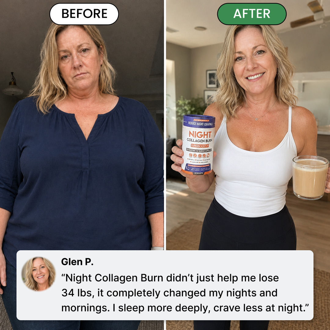 Before-and-after photos of a woman's weight loss, with a product testimonial for Night Collagen Burn.