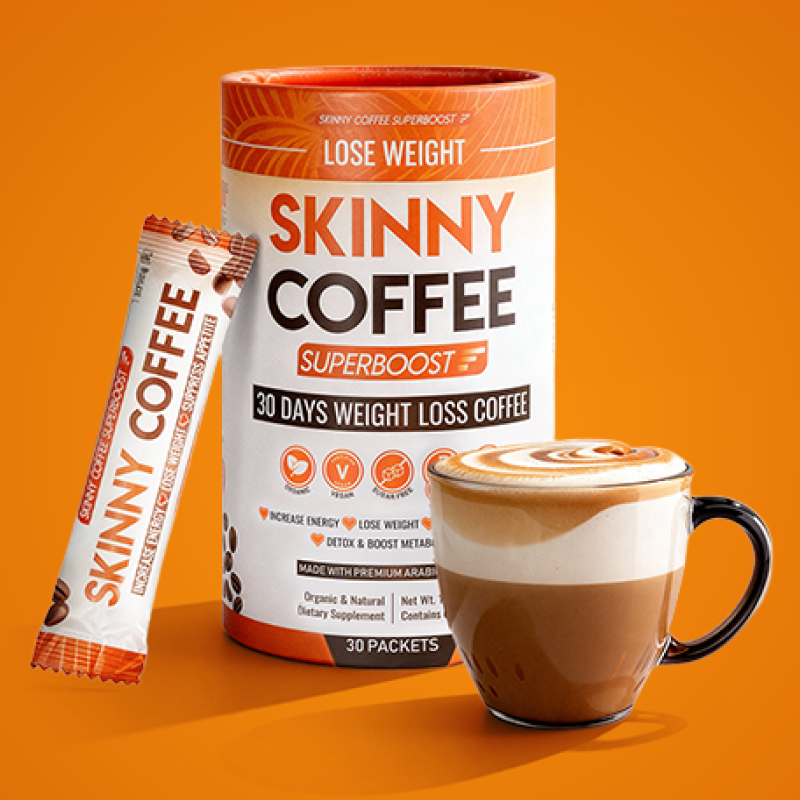 A container and packet of Skinny Coffee Superboost next to a prepared cup of coffee against an orange background.