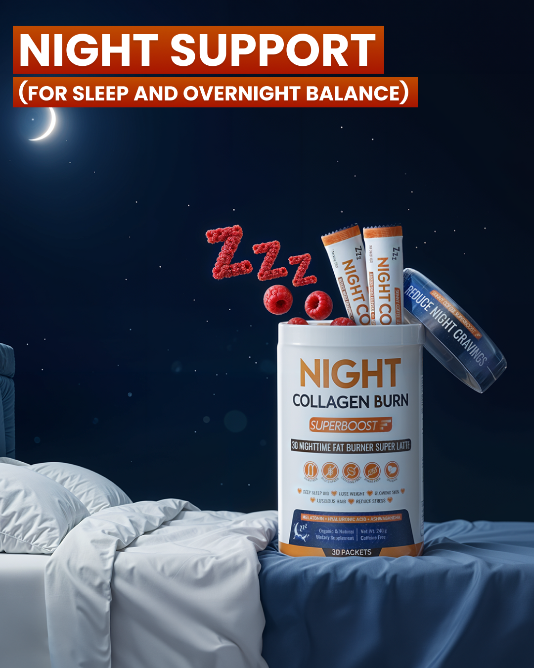 A container of Night Collagen Burn supplement sits on a bed against a starry night sky background.