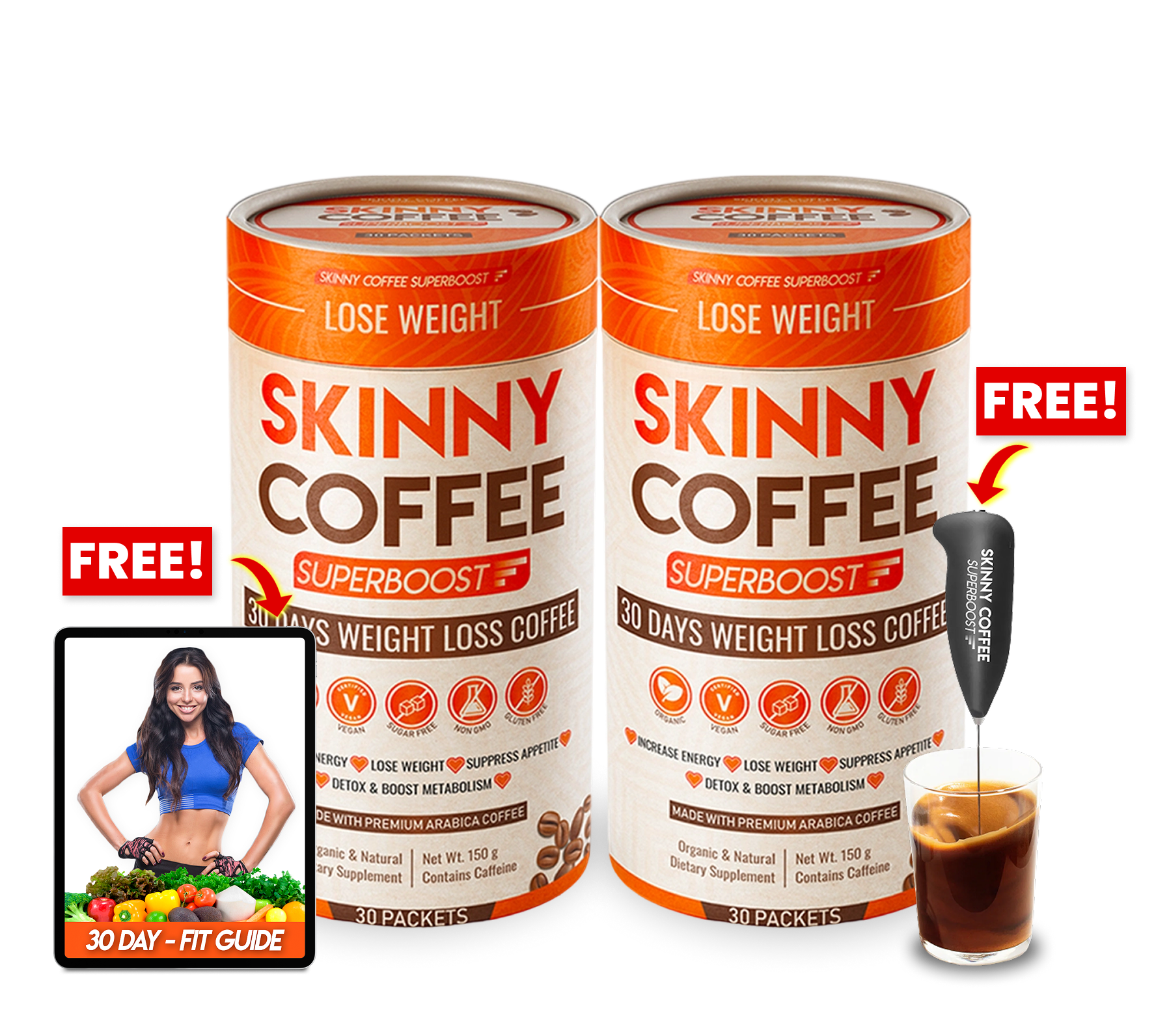 Two Skinny Coffee cans with free fit guide and frother.