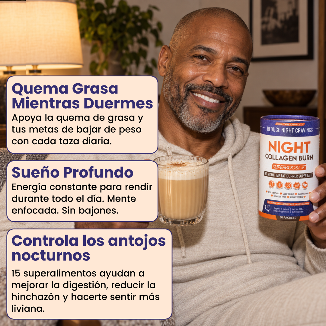 A smiling man holds a container of Night Collagen Burn and a glass of a frothy beverage.