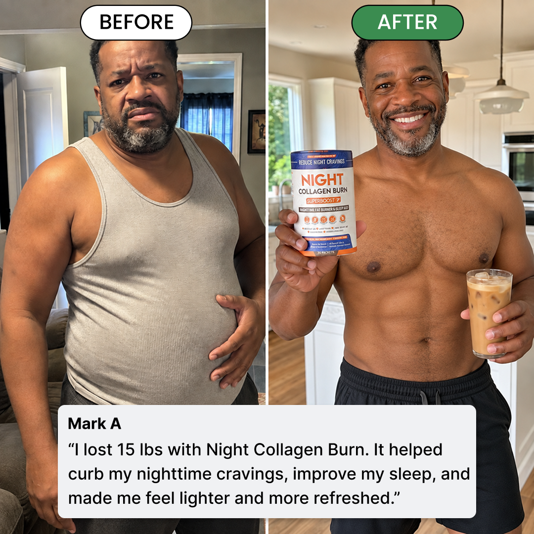 Before and after photos of a man's physical transformation. In the 'after' photo he holds a supplement.