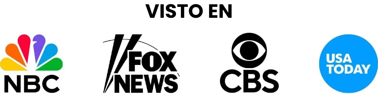 The text 'VISTO EN' above the logos for NBC, Fox News, CBS, and USA Today.