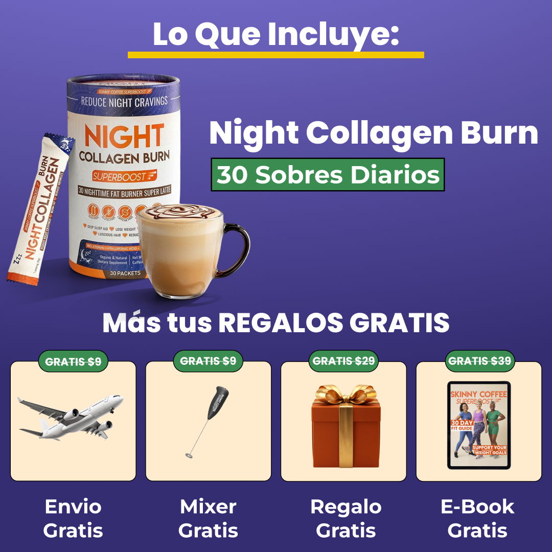 A promotional graphic for a 'Night Collagen Burn' product with a latte and images of free gifts.