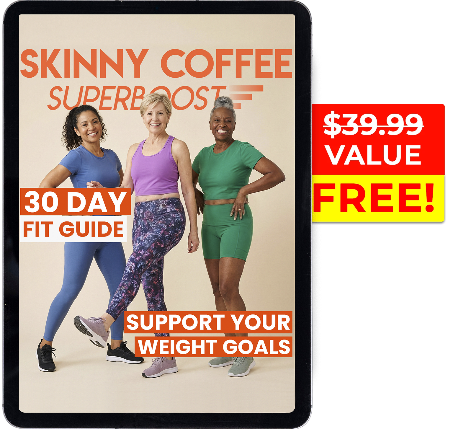 A tablet displays an ad for a free 30 Day Fit Guide with three women in workout gear.