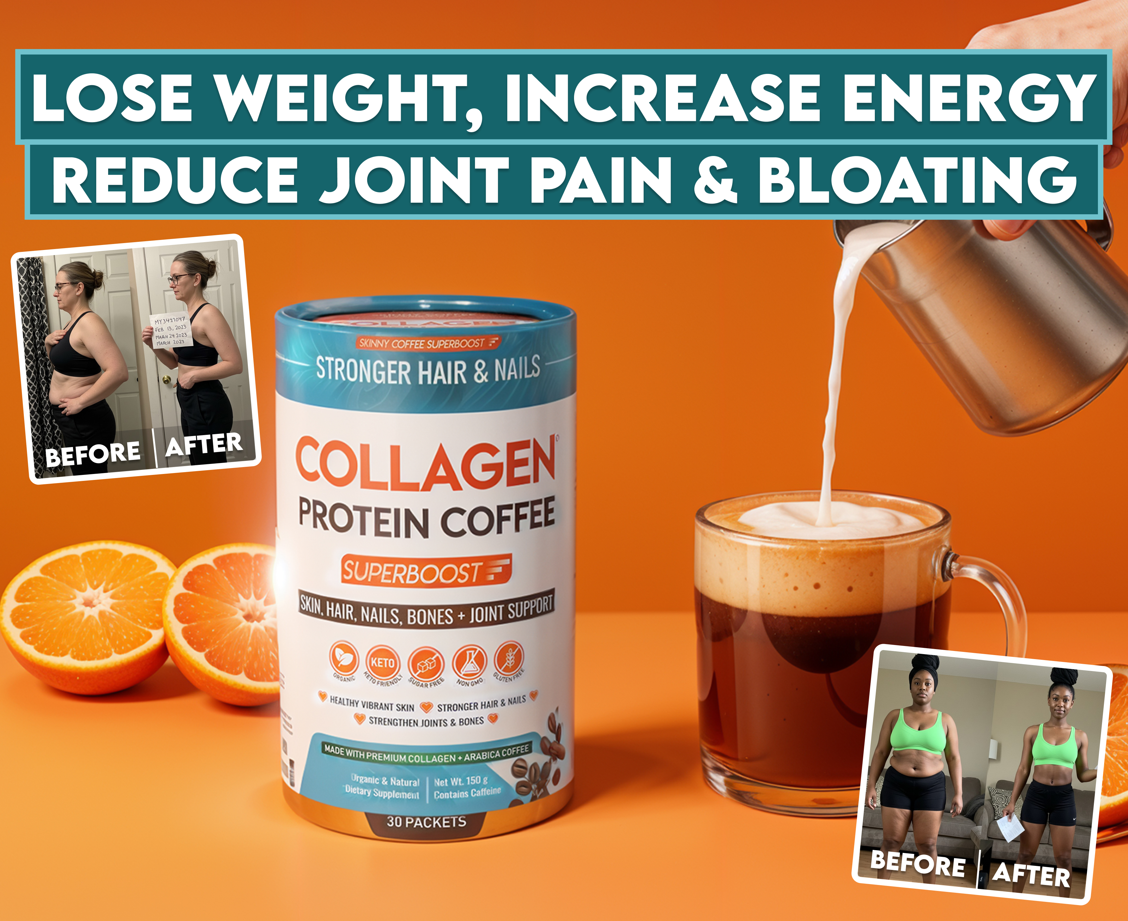 Collagen protein coffee with before-and-after weight loss photos and text promoting benefits.