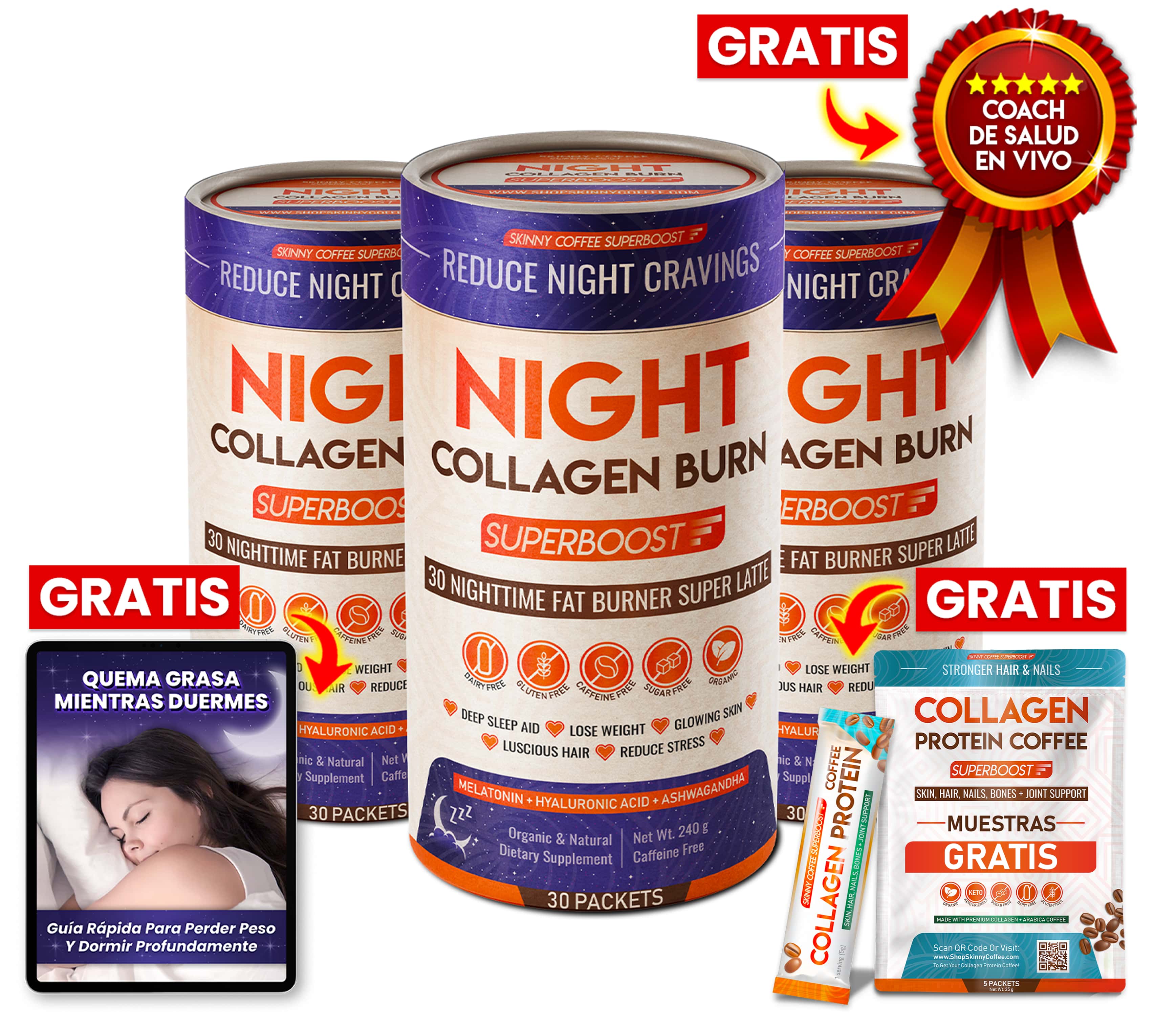 Oferta de 3 Skinny Coffee con Guía Fitness Gratis y Muestras Gratis de Night Collagen Burn