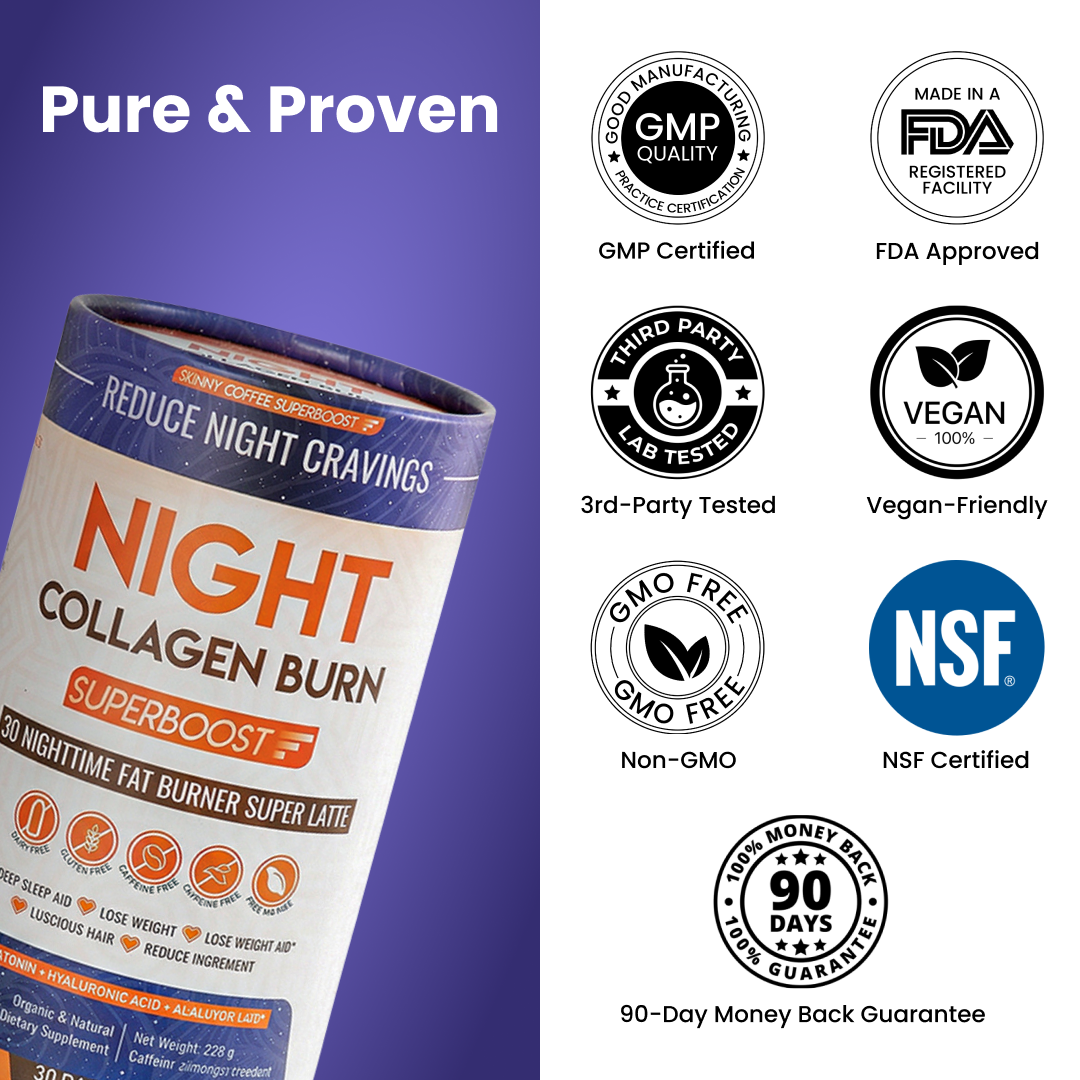 Night Collagen Burn Superboost supplement with quality certifications like GMP, FDA Approved, Vegan, Non-GMO, and NSF Certified.