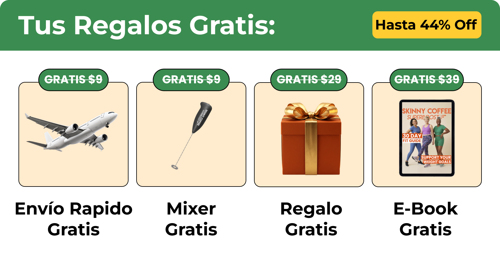 A promotional graphic in Spanish offering free gifts: fast shipping, a mixer, a gift box, and an e-book.
