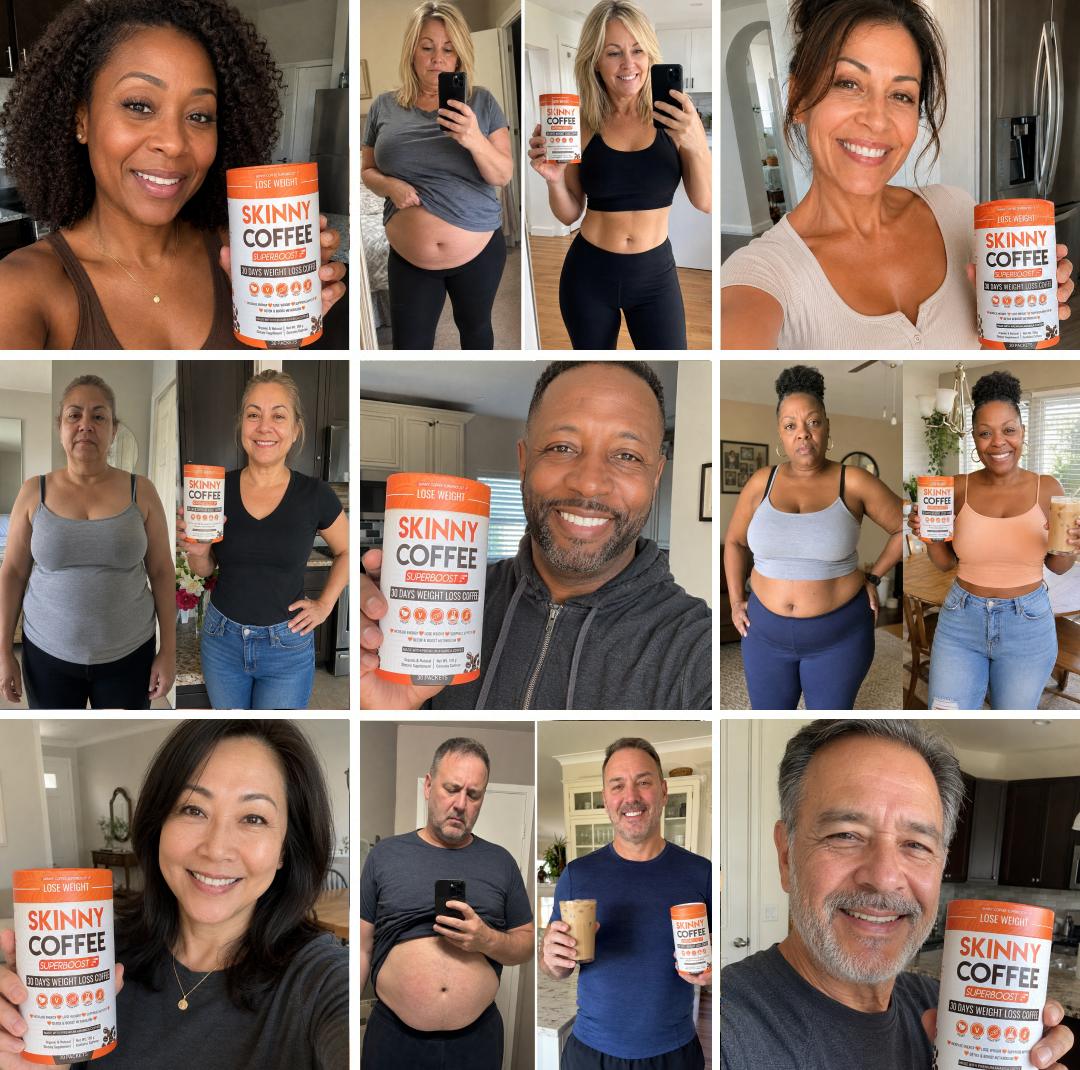 A collage of people holding Skinny Coffee, with some showing before-and-after weight loss results.