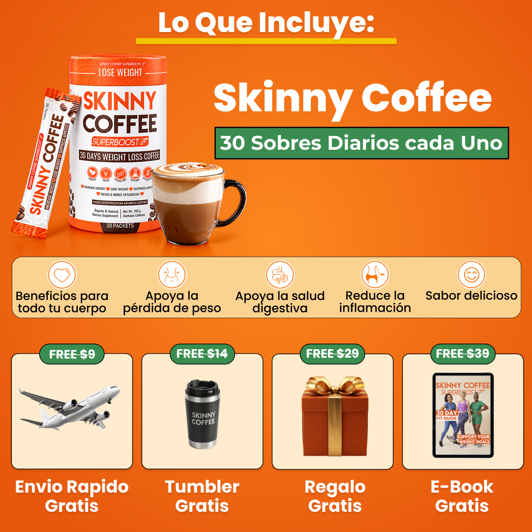 Promotional image for Skinny Coffee, showing the product, a cup of coffee, and various free gifts.