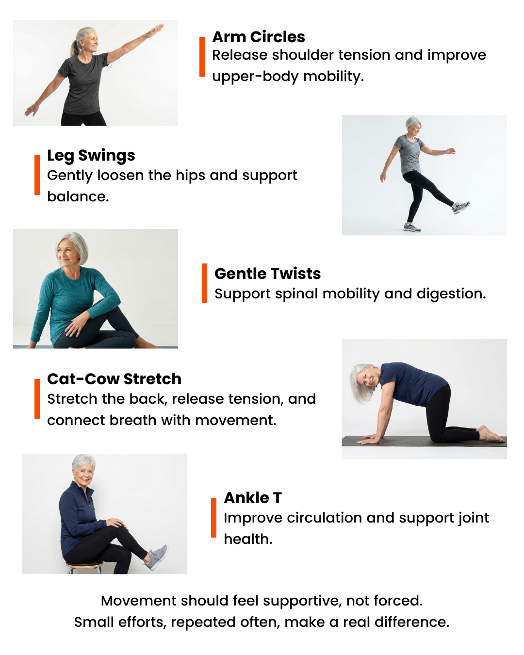 An infographic showing a senior woman demonstrating five different gentle exercises with descriptions for each.