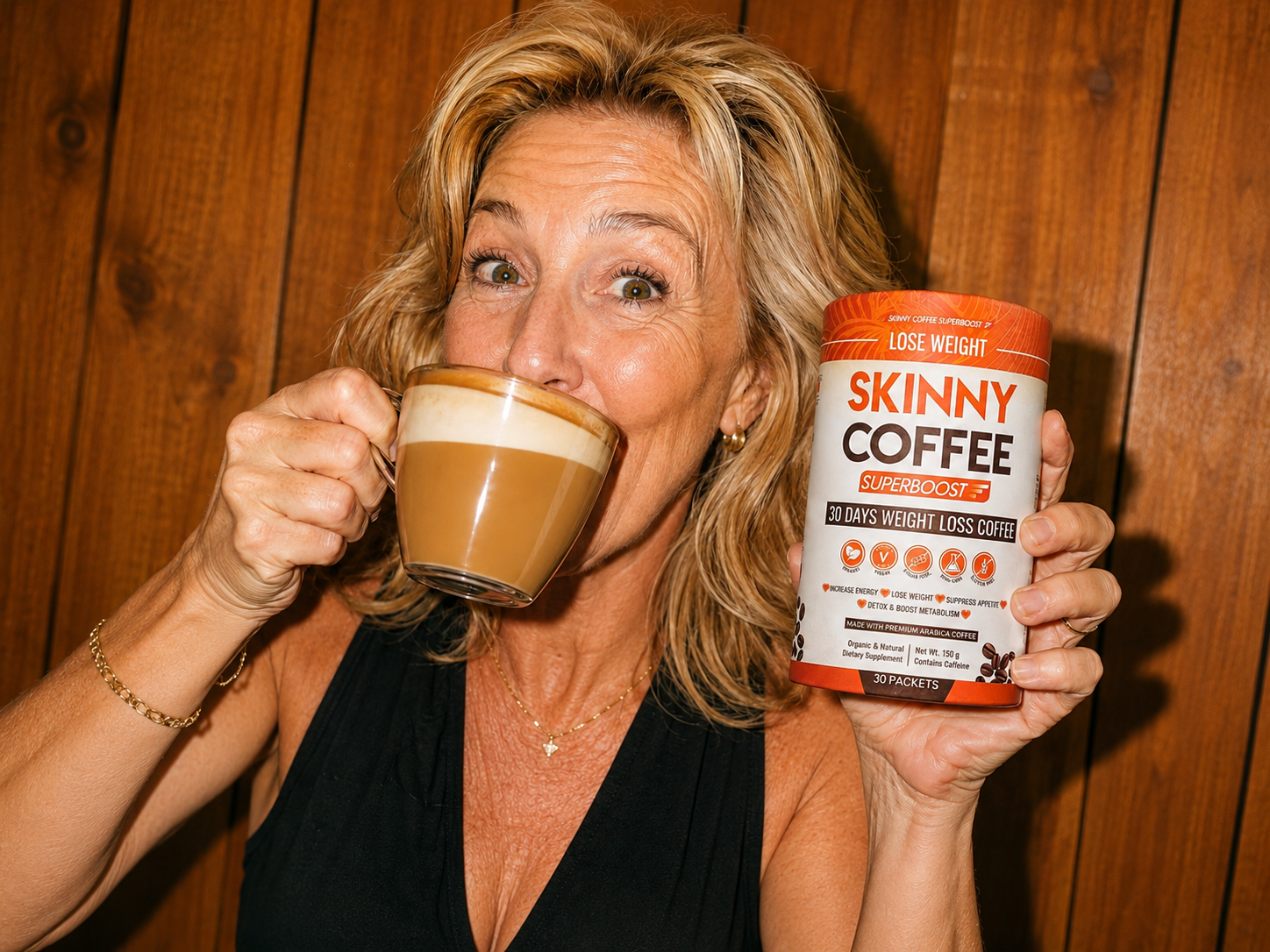 A woman with a surprised expression drinks from a mug while holding a container of Skinny Coffee.
