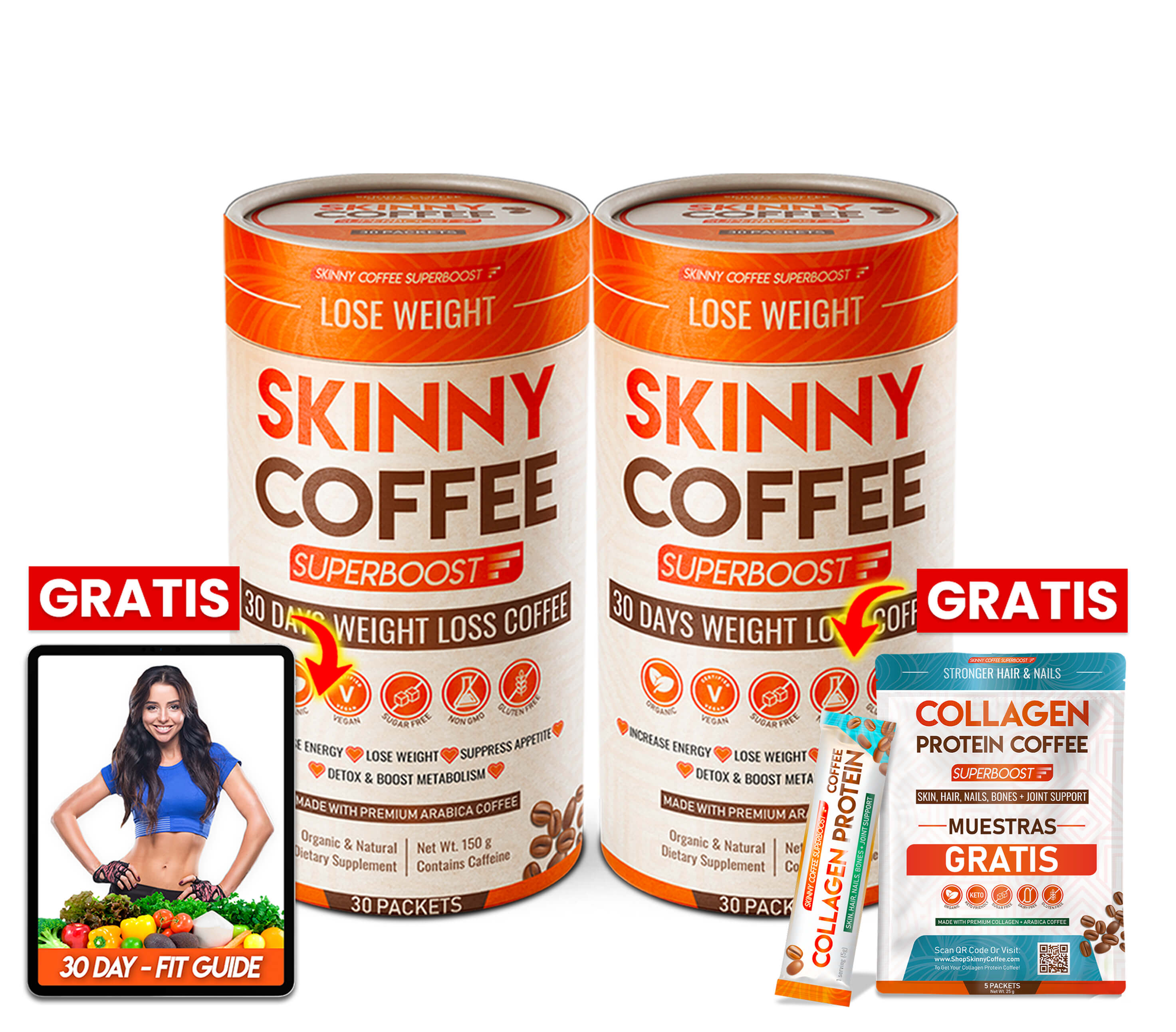 Three cans of Skinny Coffee with promotional items and text in Spanish.