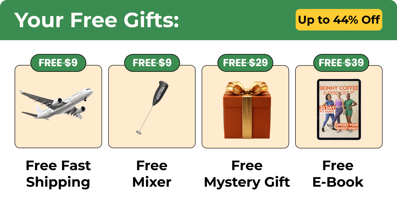 A promotional banner showing four free gifts: fast shipping, a mixer, a mystery gift, and an e-book.