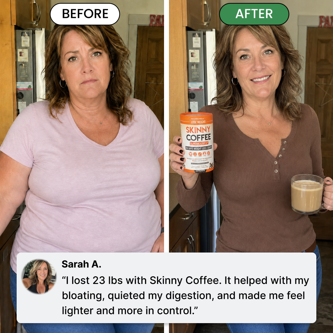 A before and after split image of a woman showing weight loss results, holding a Skinny Coffee product.