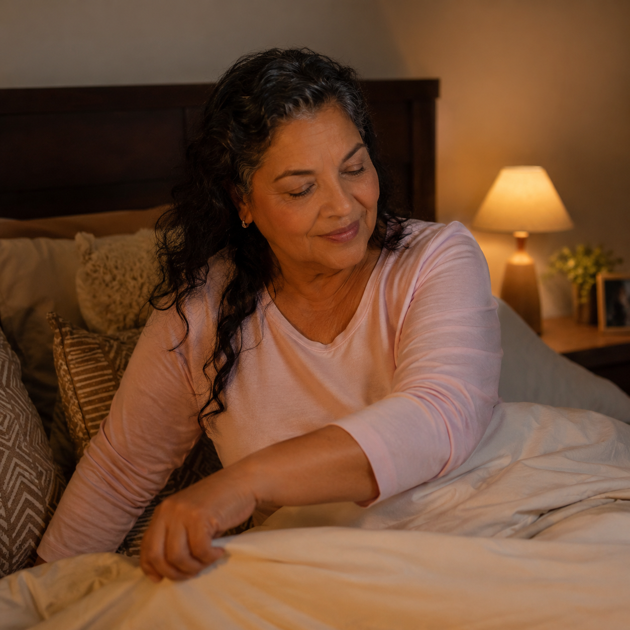 A smiling woman with long dark hair sits up in bed, pulling a white comforter over her.