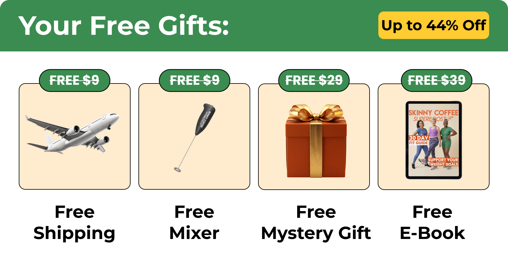 A promotional banner listing four free gifts: shipping, a mixer, a mystery gift, and an e-book.
